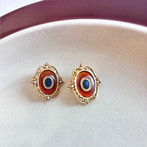 Vintage Gold Tone Pierced Earrings Red Cabochon Pearl